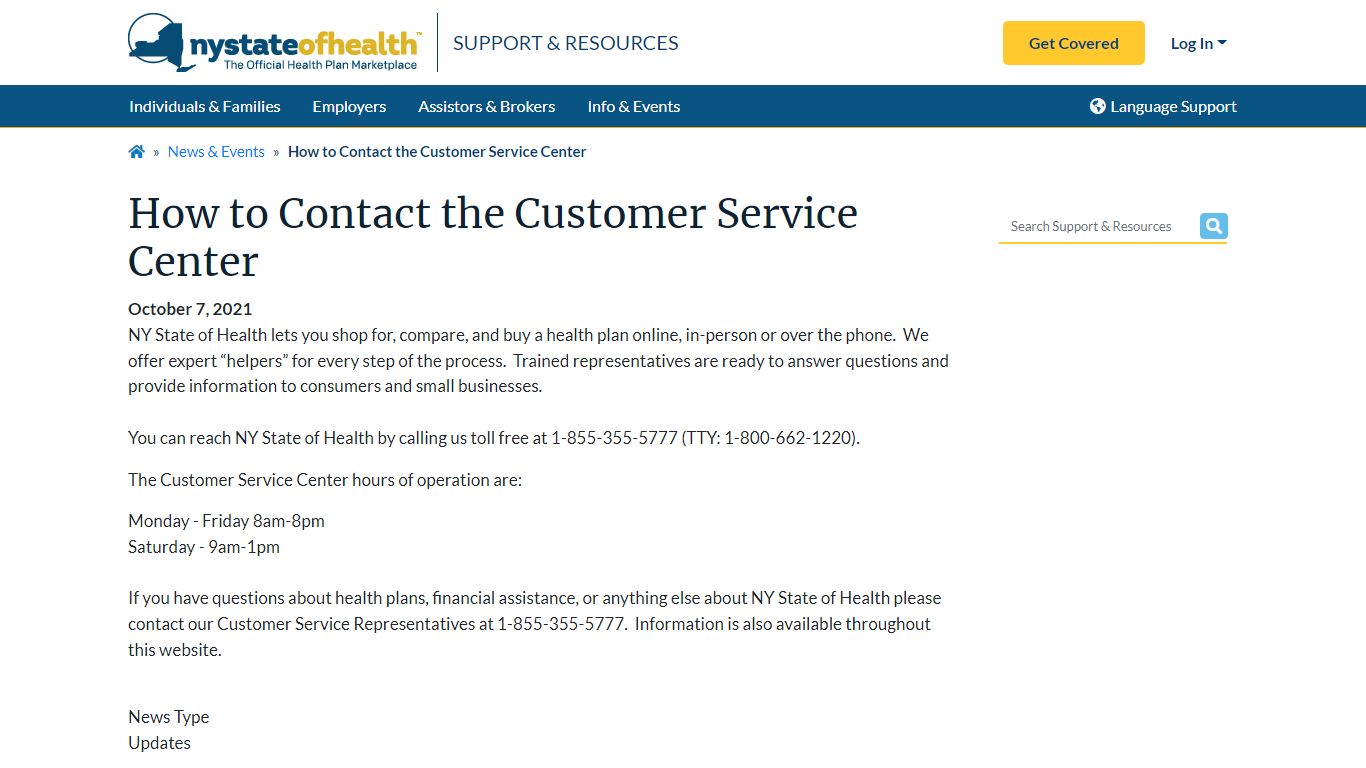 How to Contact the Customer Service Center | NY State of Health